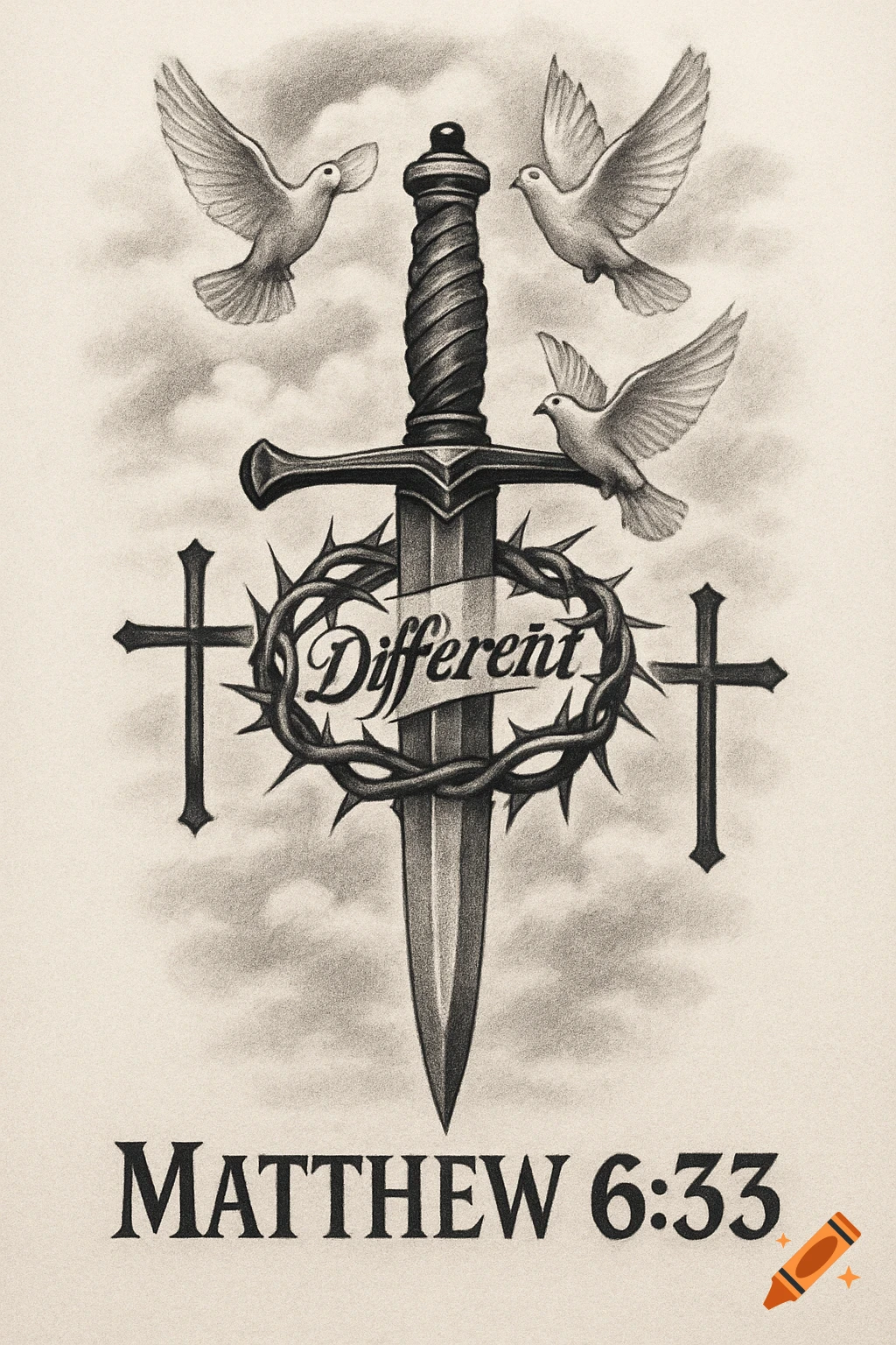 Pencil sketch of a dagger with a crown of thorns, two crosses, and three doves, with text 'Different' and 'MATTHEW 6:33'.