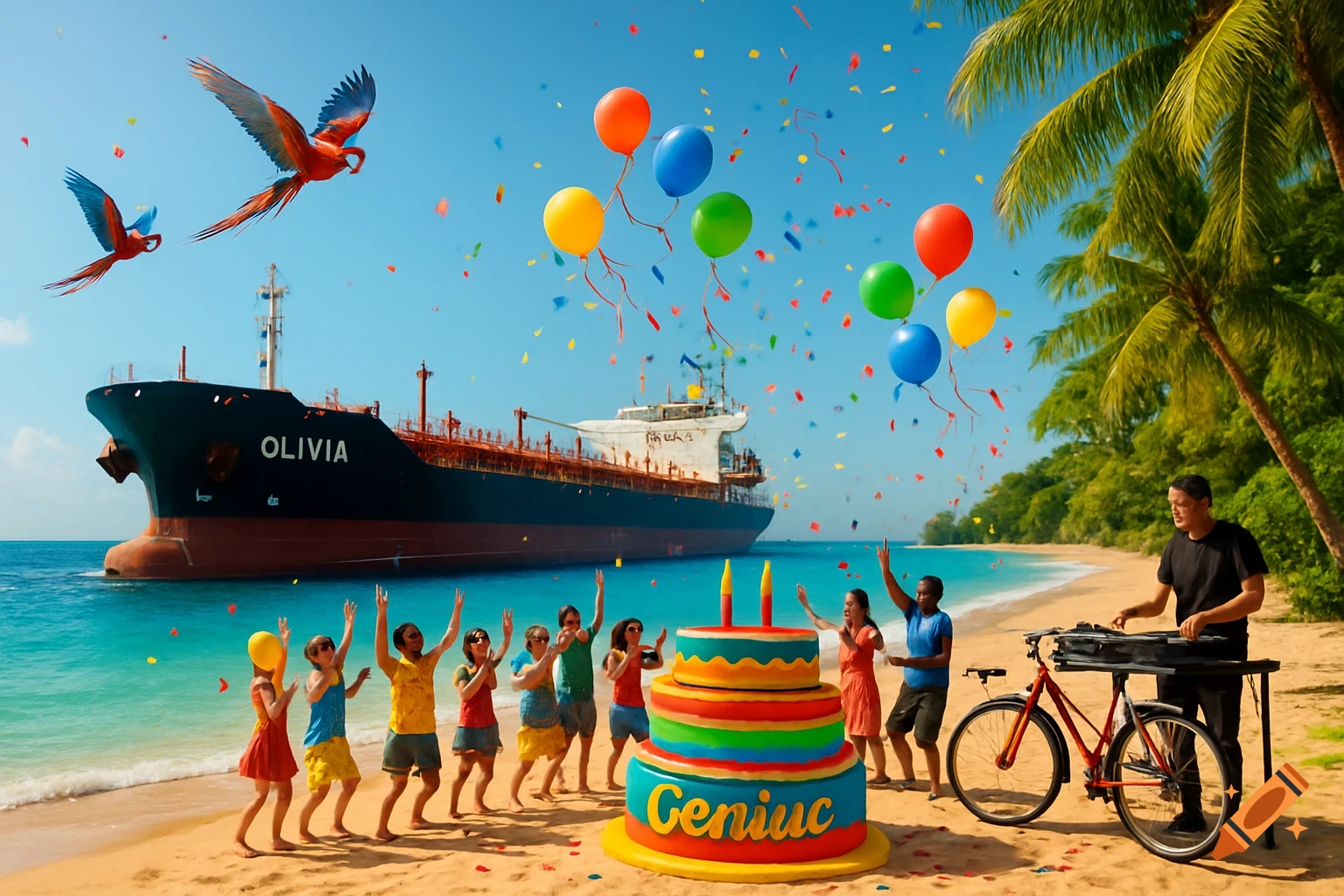 A vibrant birthday party on a tropical beach with a large ship named Olivia in the turquoise sea, colorful balloons, confetti, and a DJ near a cake.