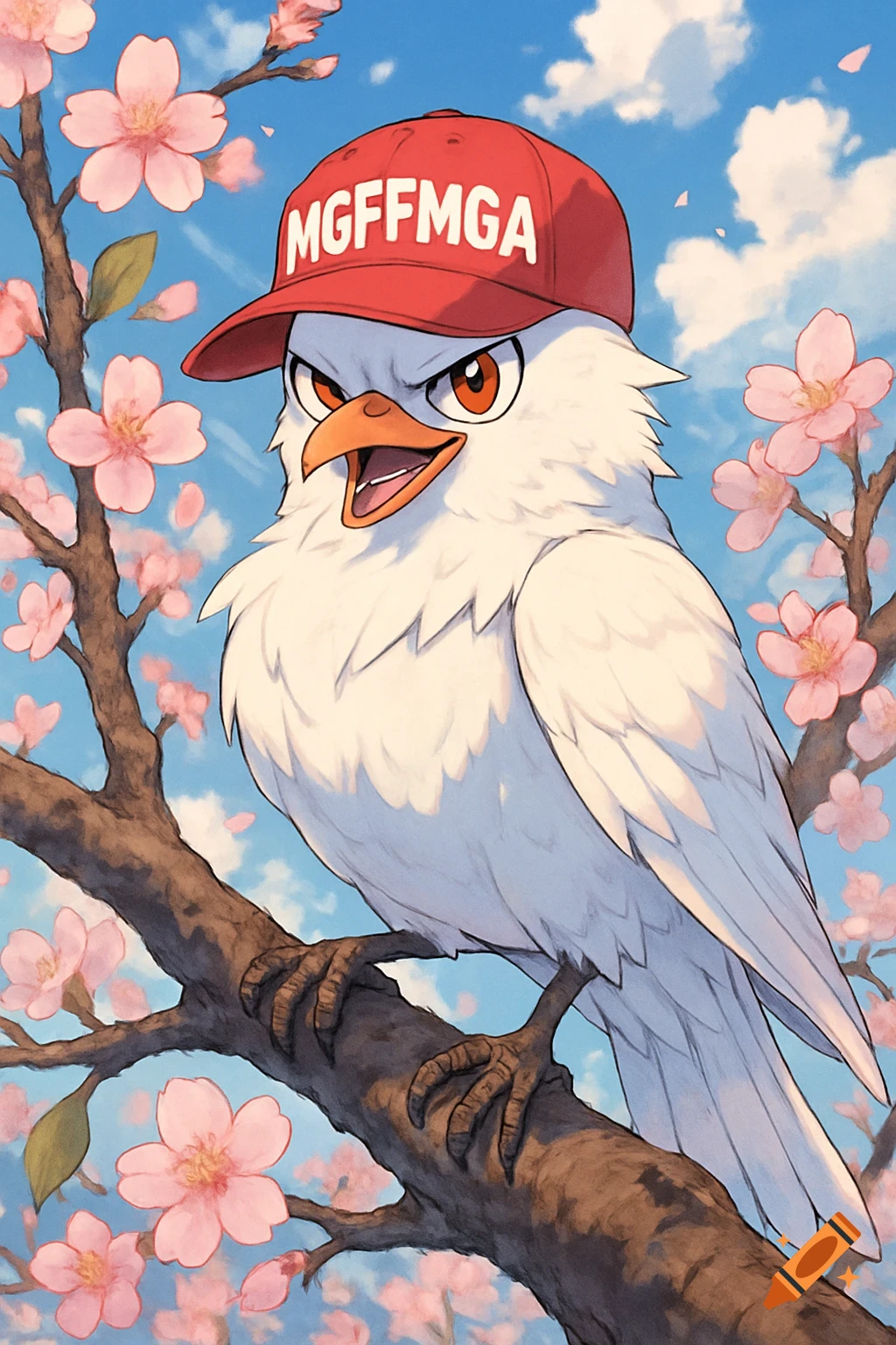 Anime-style white bird wearing a red cap with "MGFMGA" on it, perched on a cherry blossom branch against a blue sky.