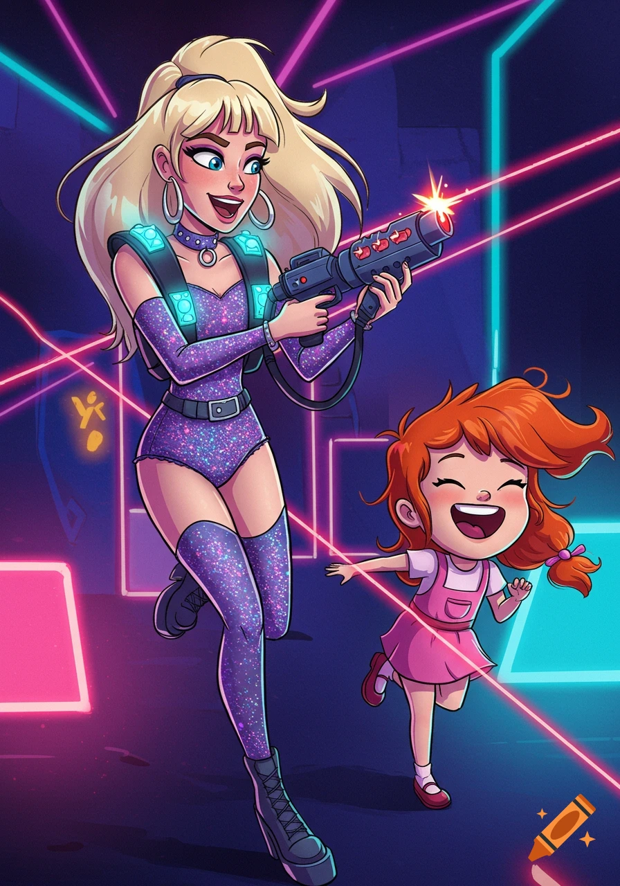 A blonde popstar in a glittery bodysuit and a red-haired little girl play laser tag in a neon-lit arena, cartoon style.