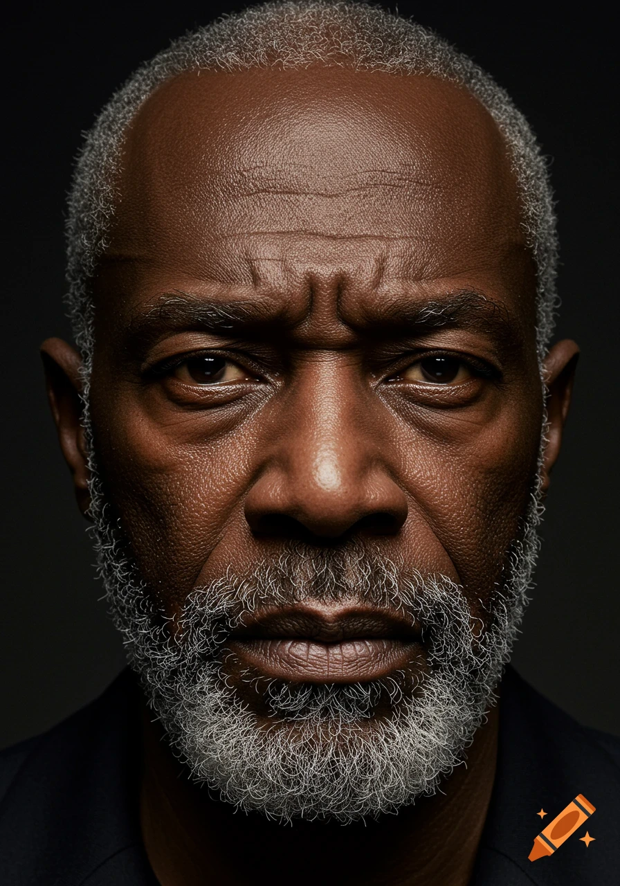 Close-up photorealistic headshot of an older man with dark skin, gray hair, and a serious, frowning expression.
