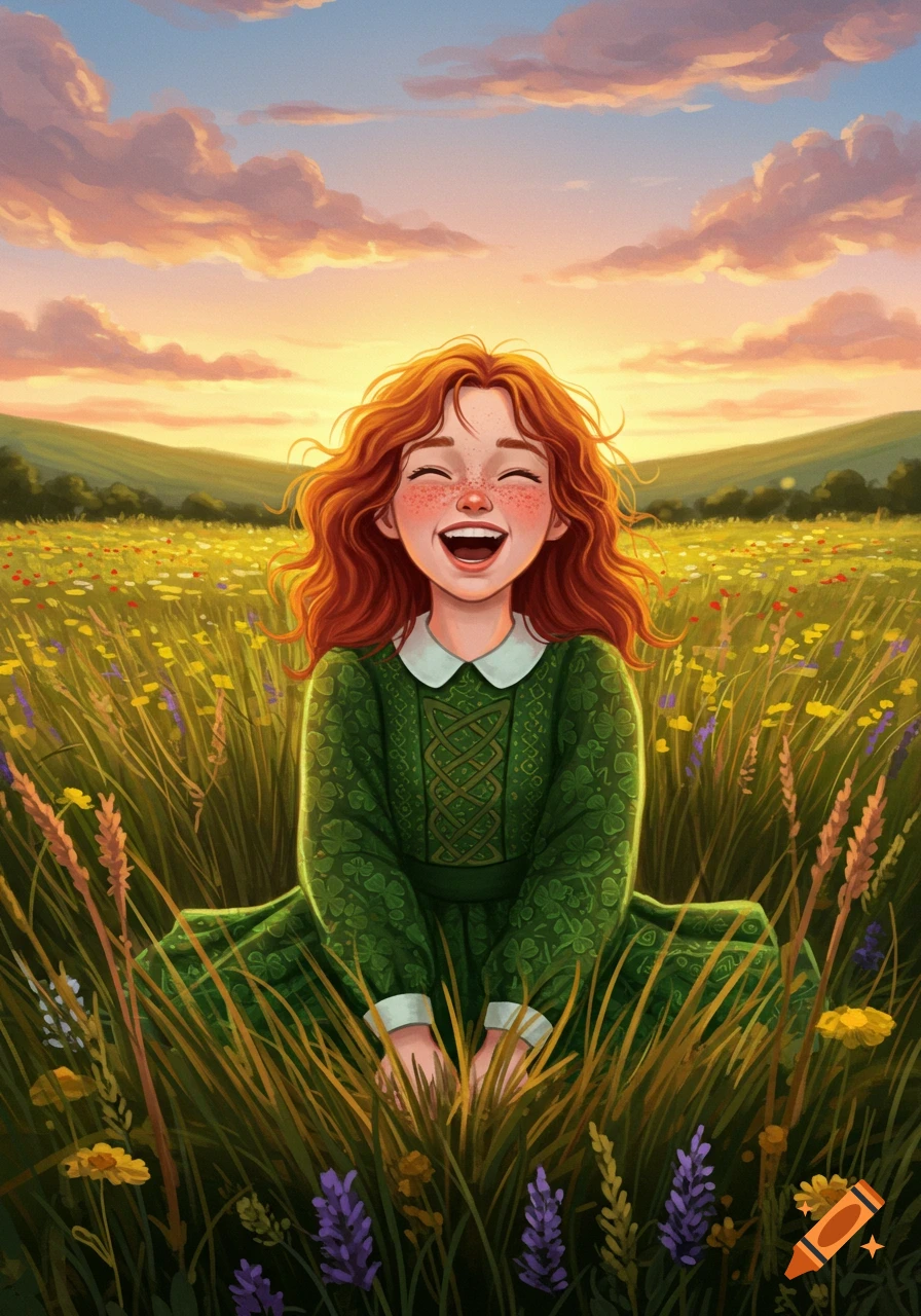 A happy, red-haired girl with freckles laughs while sitting in a field of wildflowers at sunset, in an illustration style.