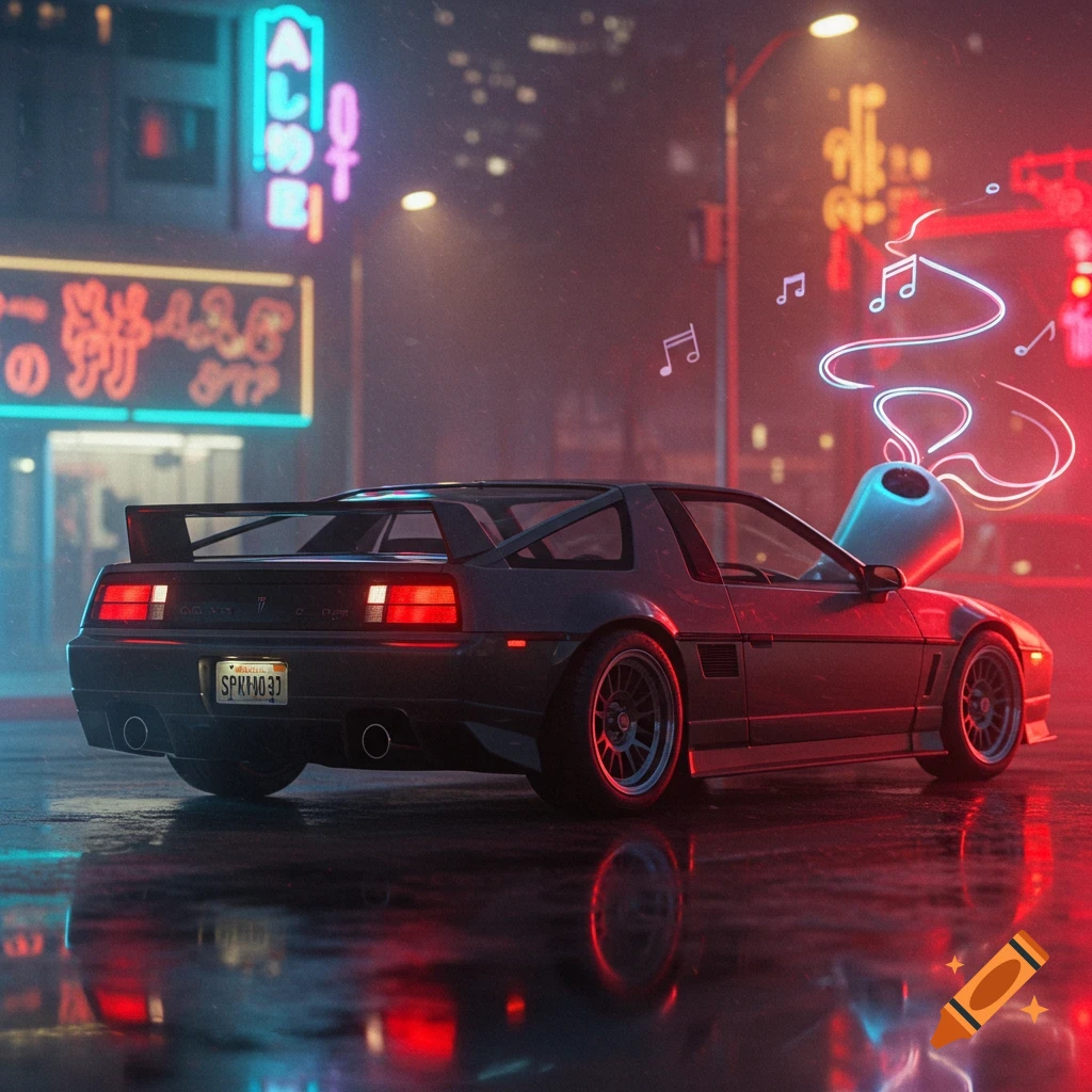 A dark Pontiac Fiero sports car is parked on a wet street at night, illuminated by vibrant blue and red neon lights from surrounding buildings. Musical notes and a glowing abstract shape emerge from the car's engine compartment, reflecting on the wet ground.