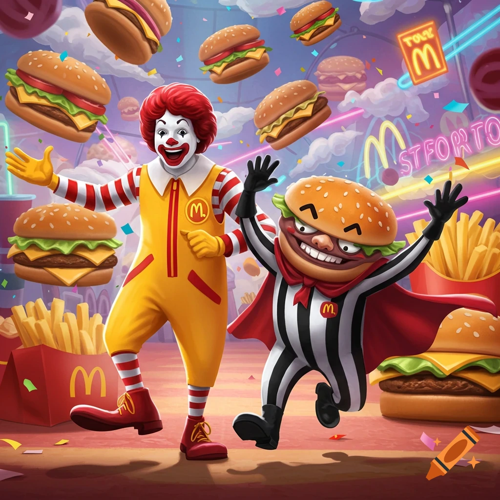 Ronald McDonald and the Hamburglar celebrate among floating hamburgers and fries, with neon signs in the background.