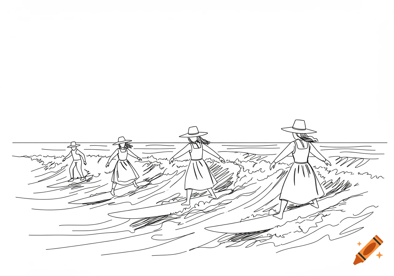 A minimalist line drawing showing several people in modest clothing and hats, resembling Mennonites, surfing on waves.