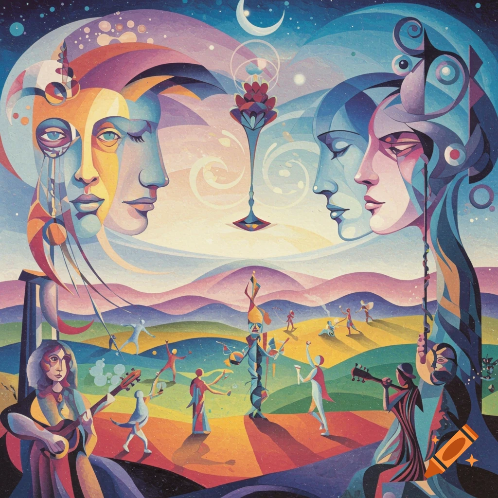 Abstract, cubist painting with two large stylized faces looking inward, above a psychedelic landscape of dancing and music-playing figures.