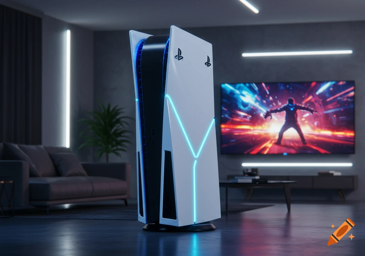 A white PlayStation 5 console with blue lighting in a modern living room with a large TV showing a video game.