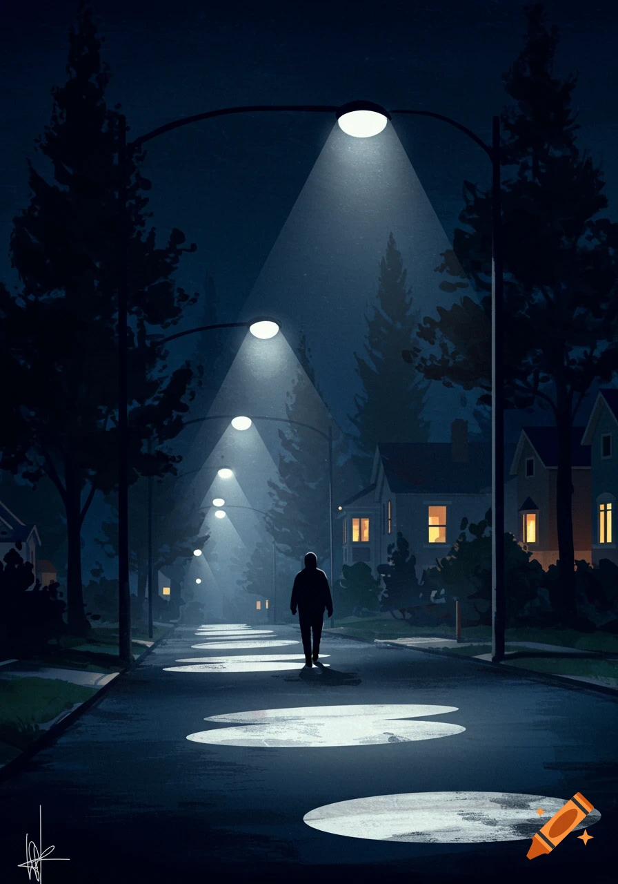 A lone figure walks down a dark suburban street at night, illuminated by bright, spherical streetlights. Houses with warm glowing windows line the path in this stylized illustration.