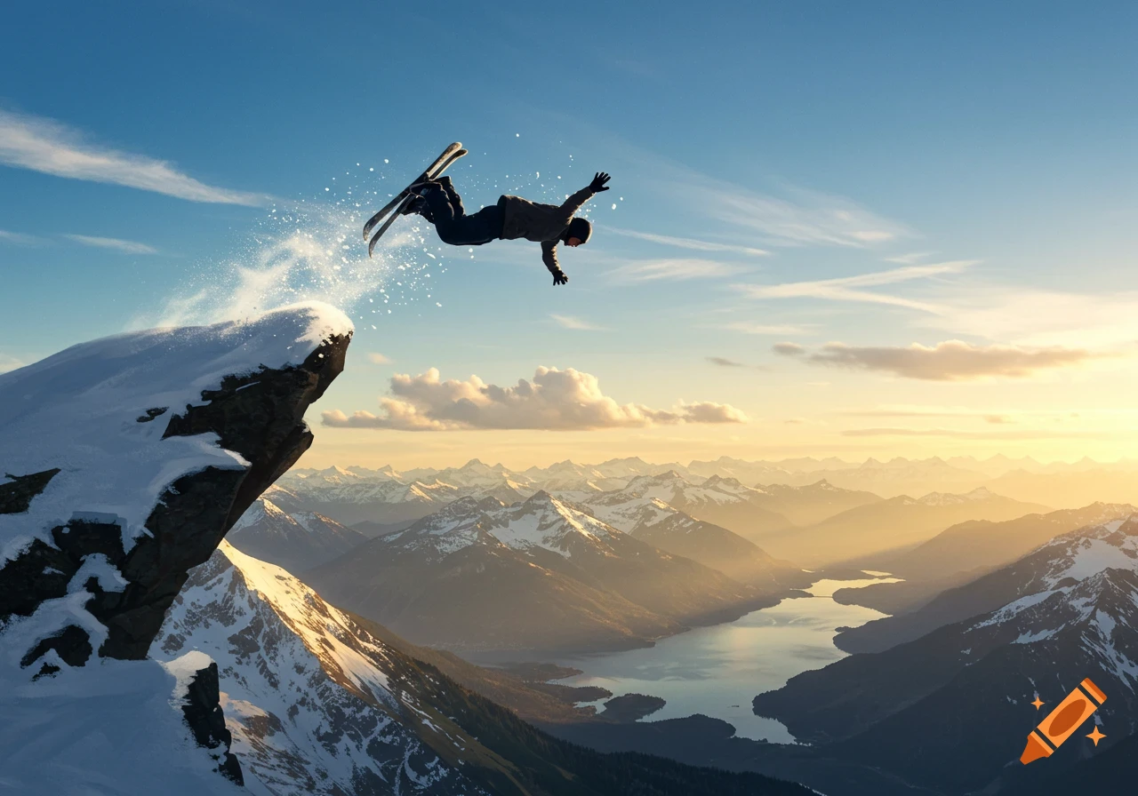 A person on skis performs a backflip off a snow-covered mountain cliff, with a scenic valley and lake below under a clear sky.