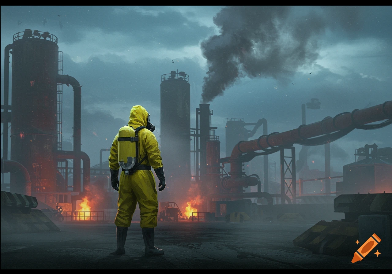 A person in a yellow hazmat suit stands in a destroyed industrial complex with fires and smoke.