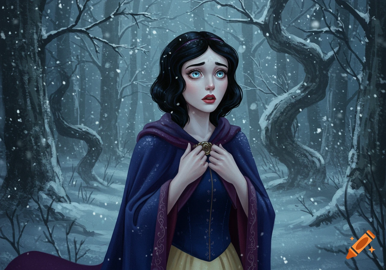 Stylized illustration of a scared Snow White in a snowy winter forest.