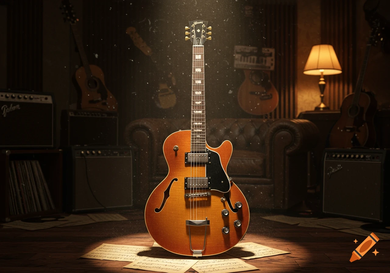 A photorealistic image of a Gibson guitar standing upright on a wooden floor, surrounded by amplifiers, an armchair, and scattered sheet music in a dimly lit room with light rays.