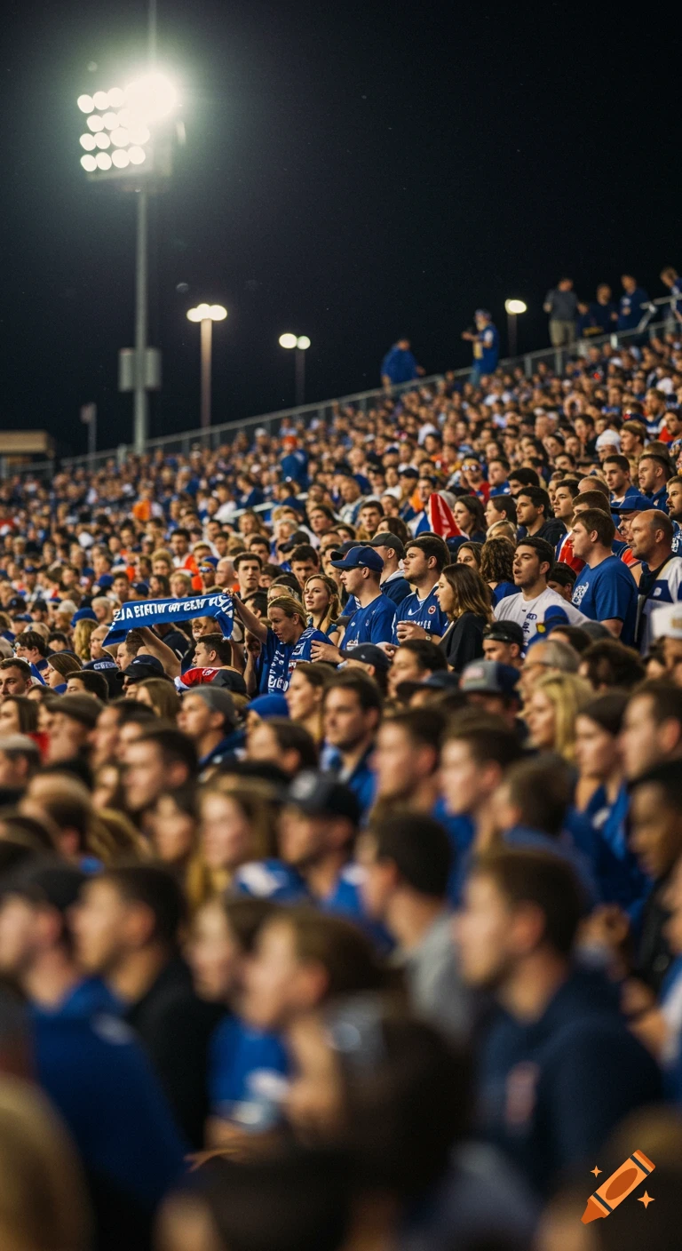 A large crowd of people at a night game in a stadium, illuminated by bright stadium lights. Some wear blue.