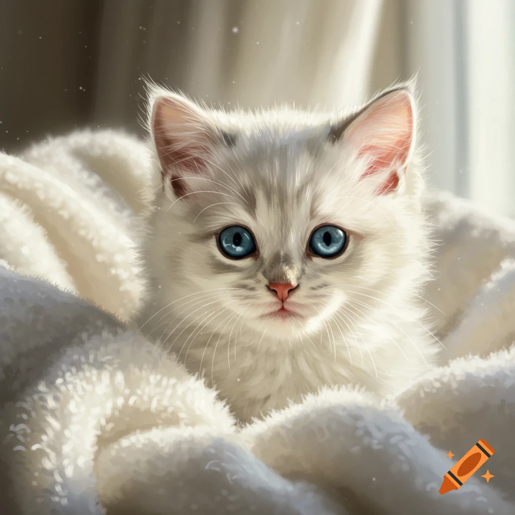 A fluffy white kitten with bright blue eyes wrapped in a soft white blanket, digitally painted.