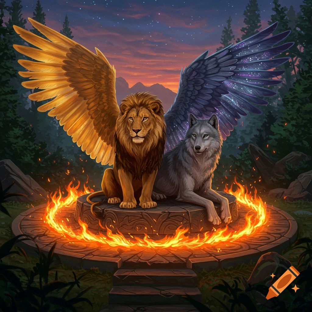 A majestic winged lion and a winged wolf sit on a stone platform encircled by fire in a magical forest at dusk.