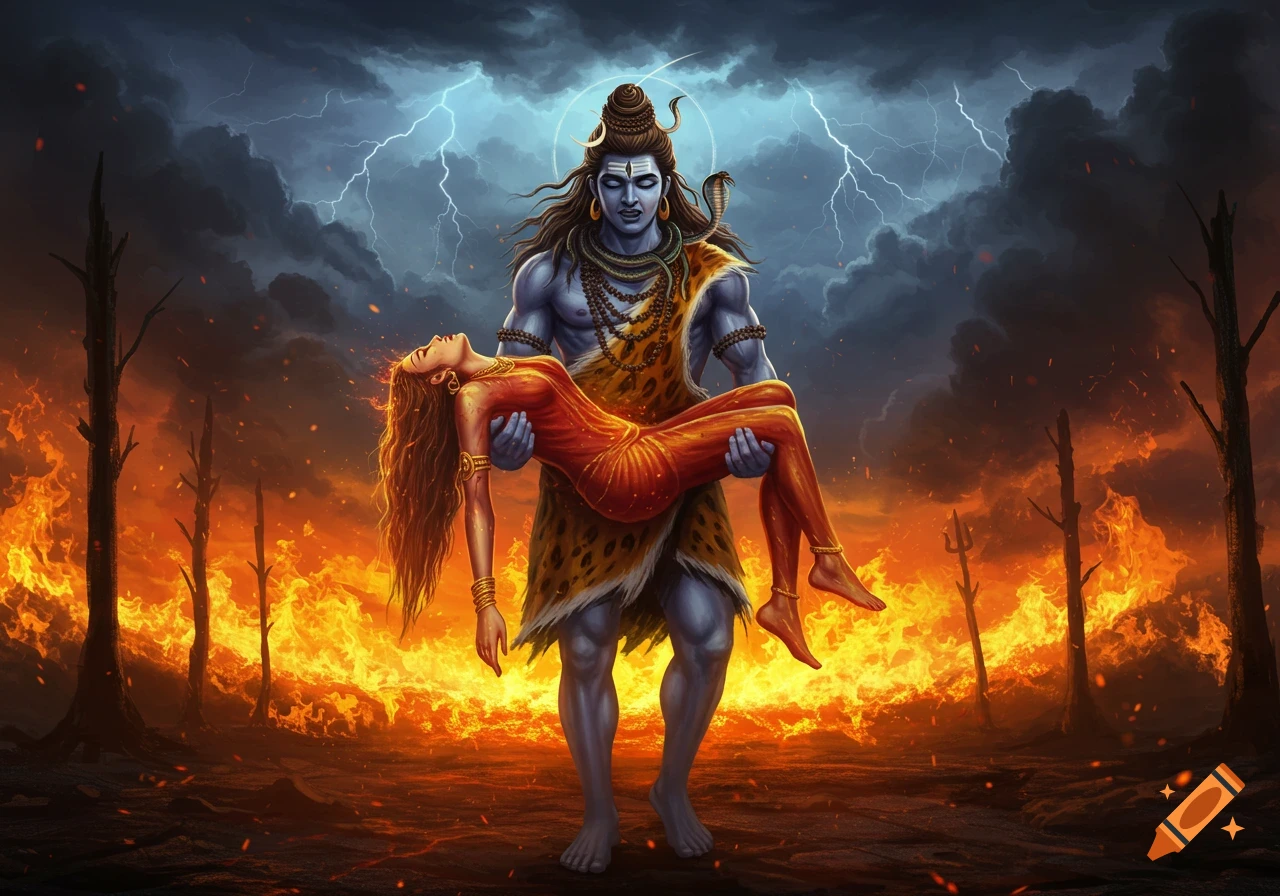 Digital painting of Lord Shiva carrying his wife through a fiery, stormy landscape with lightning.