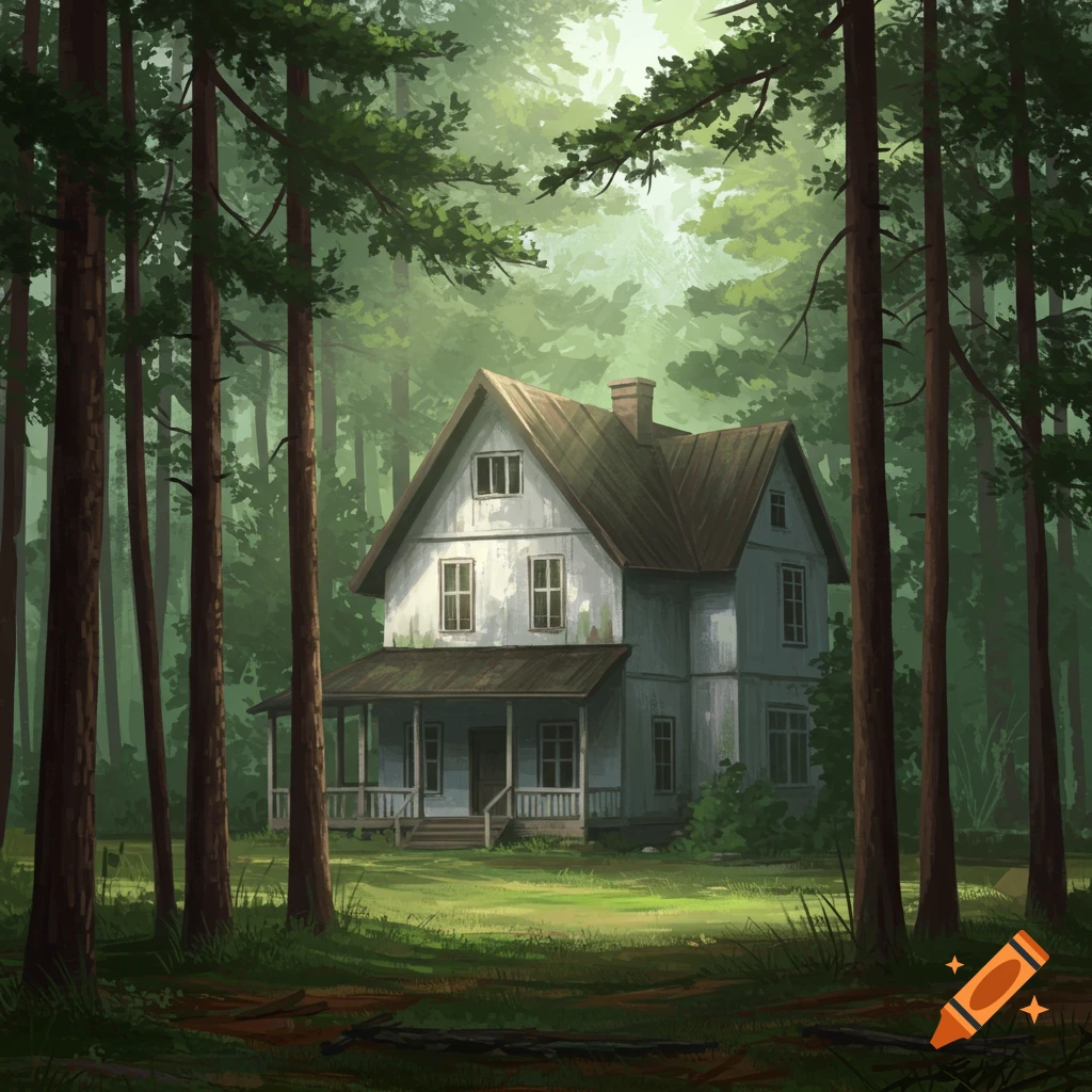 An illustrative image of a white two-story house with a porch, nestled among tall pine trees in a sunlit forest clearing.