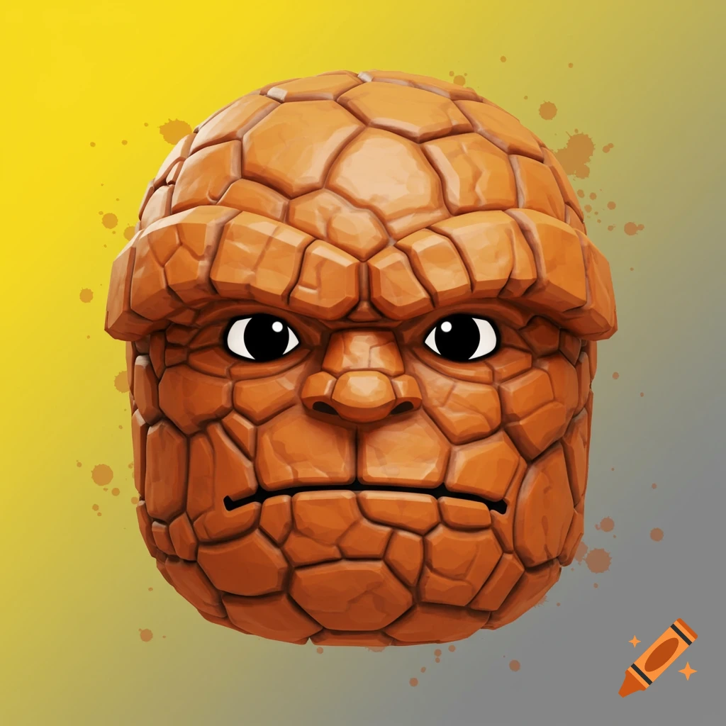 A stylized, blocky portrait of The Thing from Fantastic Four, with orange rocky skin and large simple eyes, against a yellow and grey background with splatters.