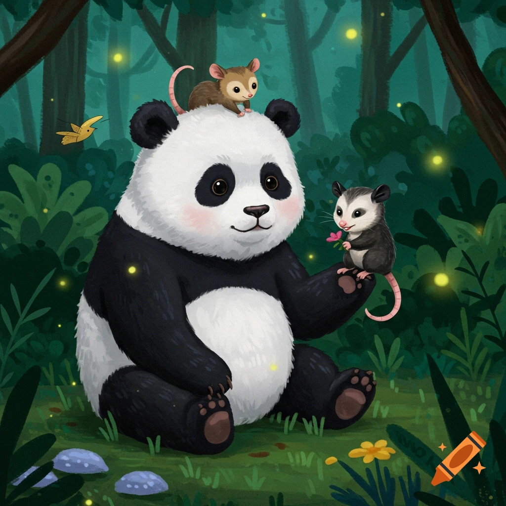 A cute cartoon panda sits in a forest with two possums, one on its head and another on its arm holding a flower, with glowing fireflies.