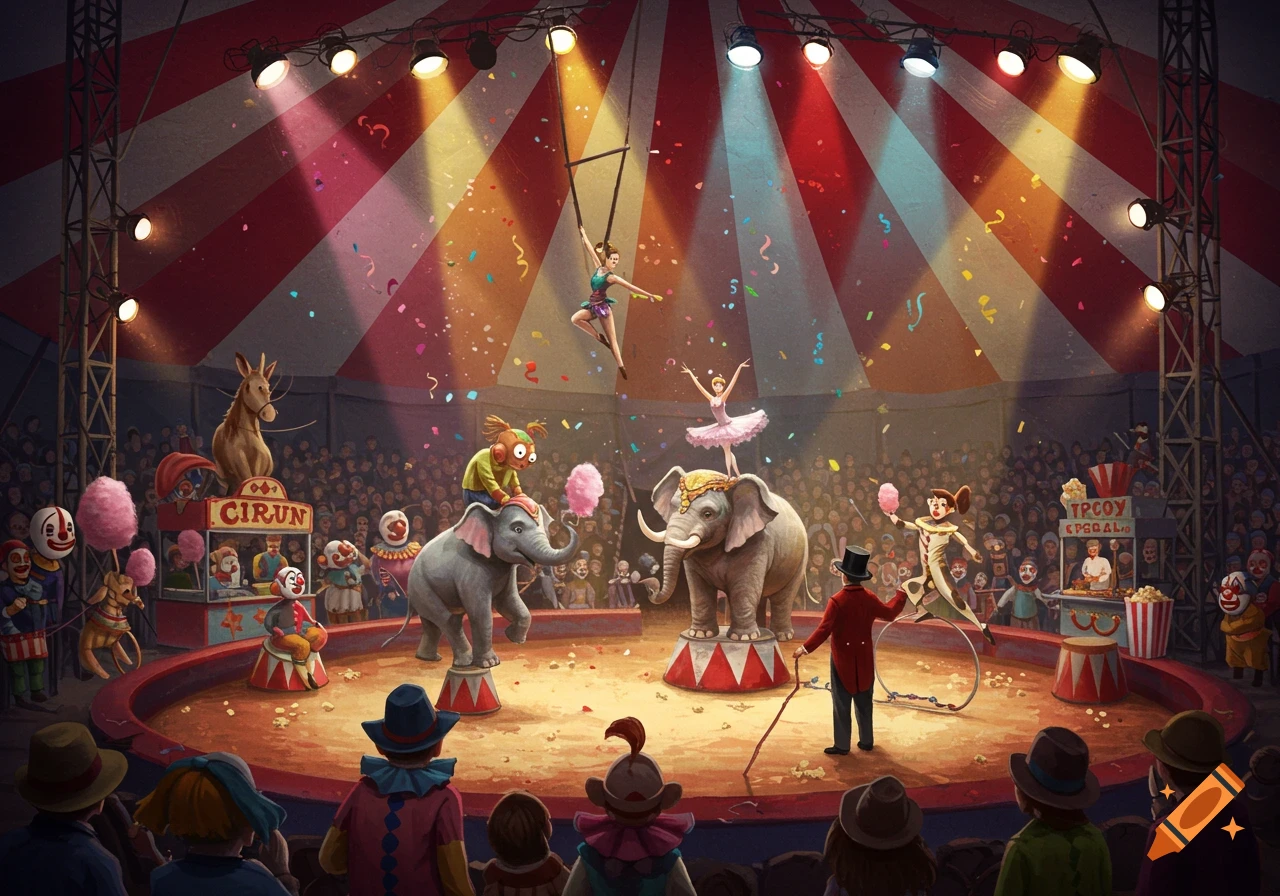 Colorful circus performance with trapeze artists, elephants, clowns, and ballet dancers under bright spotlights and falling confetti.