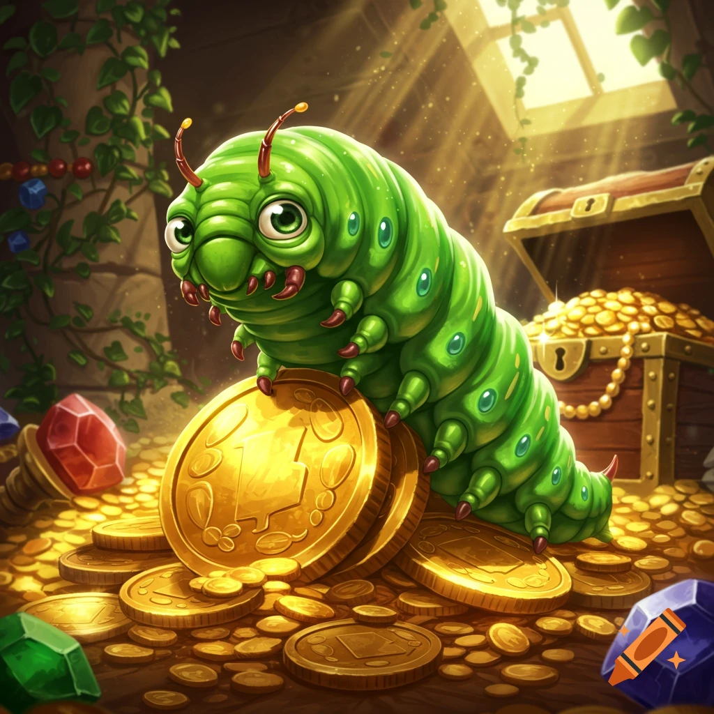 A cute green caterpillar sits on a pile of gold coins next to an open treasure chest filled with gold and jewels in a fantasy art style.