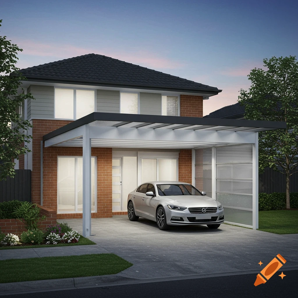 A photorealistic two-story brick house with a new white carport over the driveway, where a silver sedan is parked.