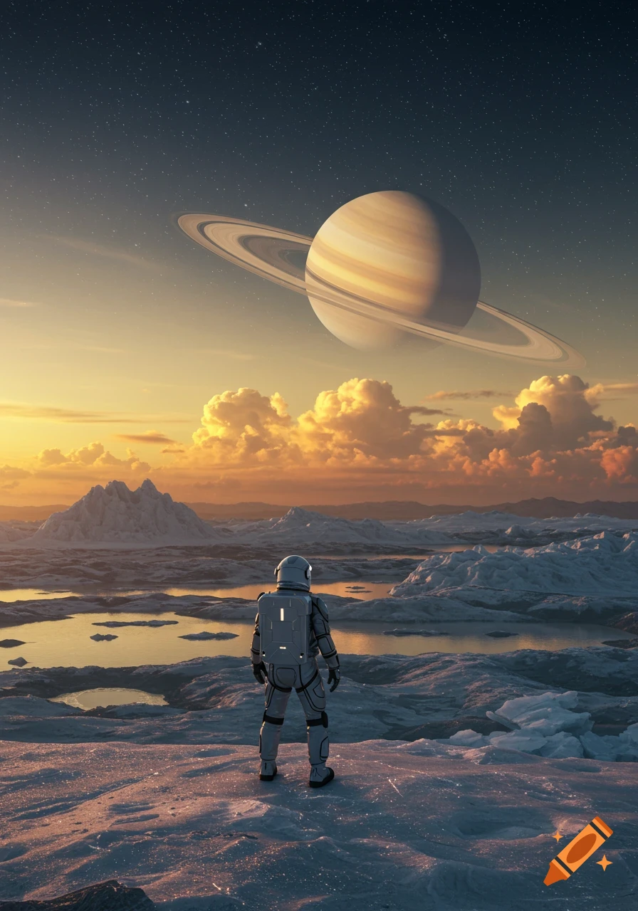 An astronaut stands on a snowy alien planet, gazing at a ringed planet and a sunset sky.