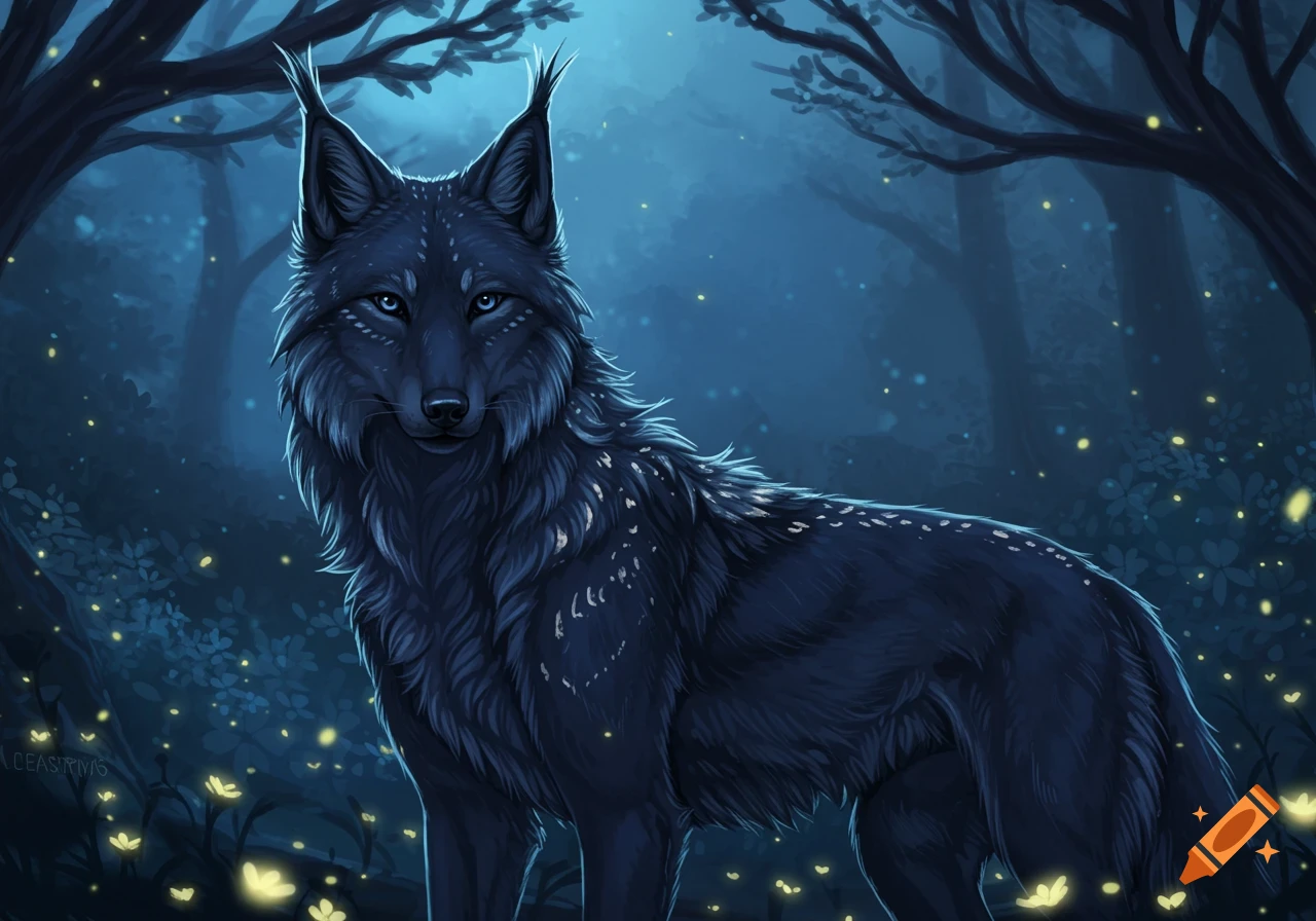 A dark blue, lynx-eared wolf with glowing markings stands in a mysterious, moonlit forest with luminous plants. Digital painting style.