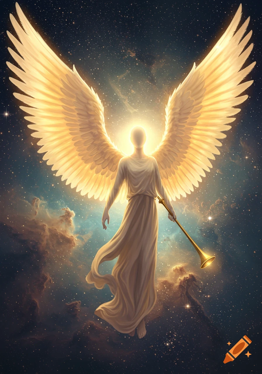 A radiant, faceless angel with large golden wings hovers in a starry, cloudy cosmic sky, holding a trumpet.