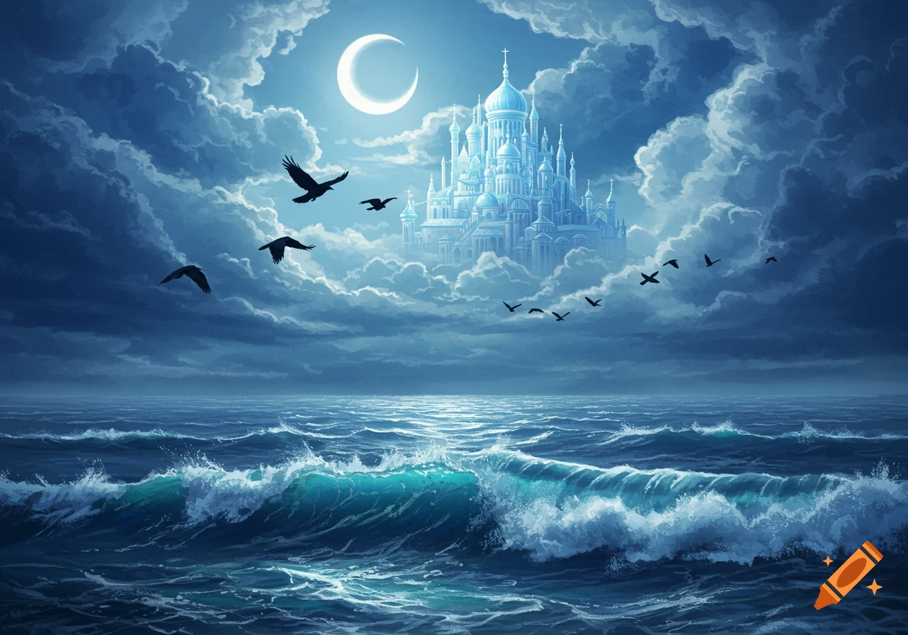 Dreamy moonlit seascape with a magical castle in the clouds and crows flying over stormy waves.