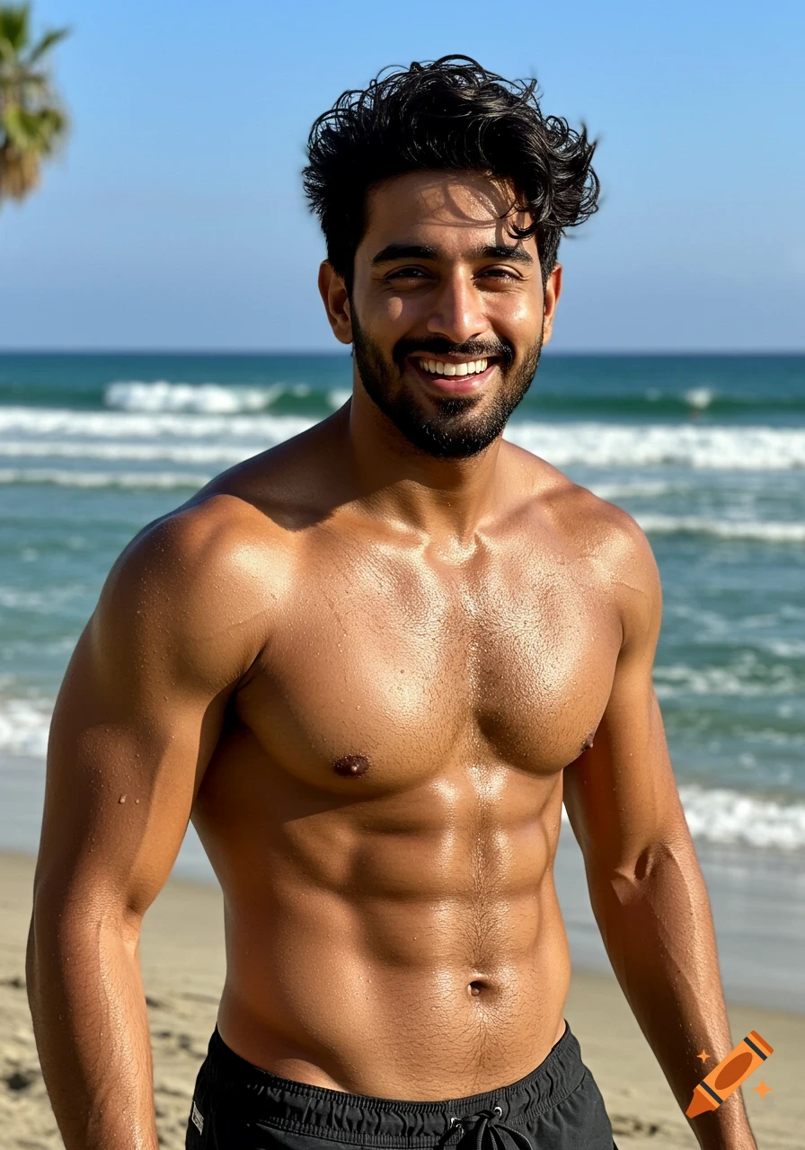 A smiling, muscular man with wet skin stands on a beach, with the ocean and blue sky in the background.
