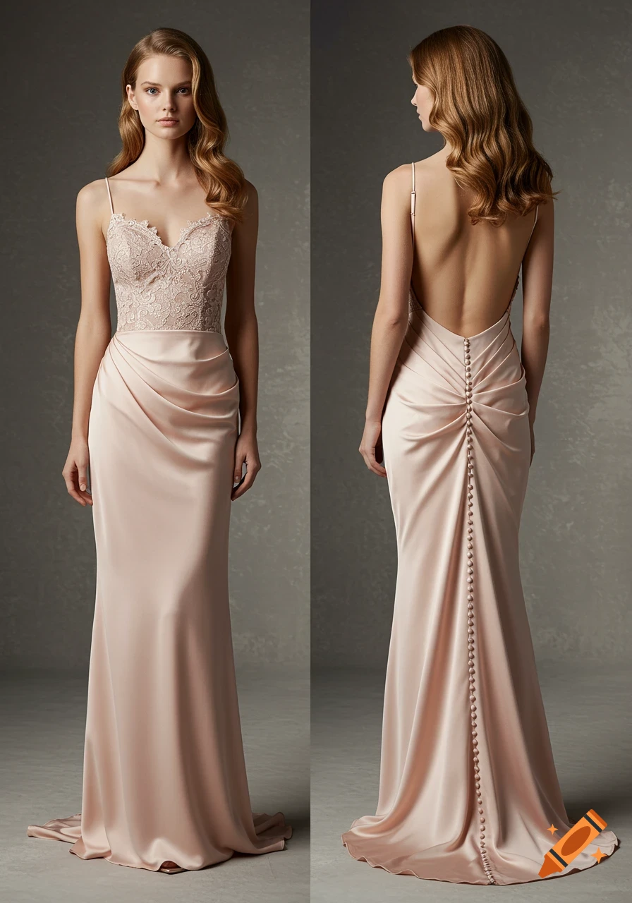 A woman models a blush pink formal dress with a lace bodice and buttoned back, shown in front and back views.