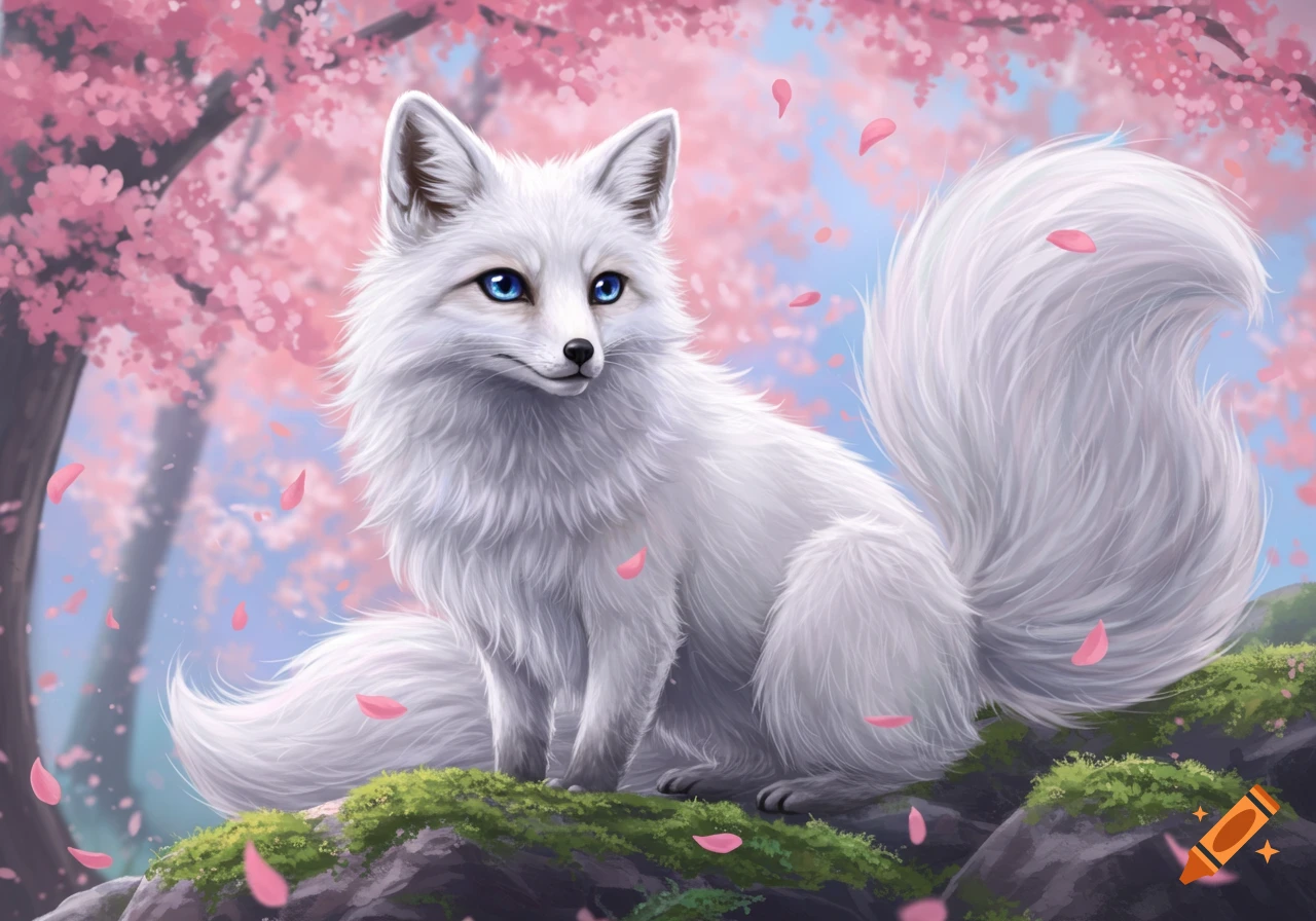 A white arctic fox with bright blue eyes sits amidst pink cherry blossoms and falling petals in an anime style.