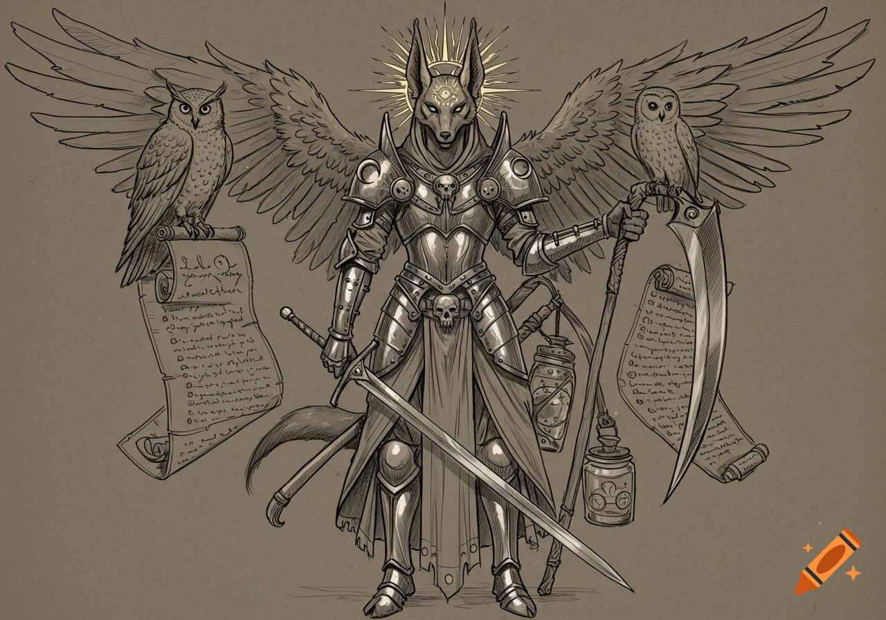Detailed sketch of an armored, winged, jackal-headed figure holding a sword and scythe, flanked by owls perched on scrolls.