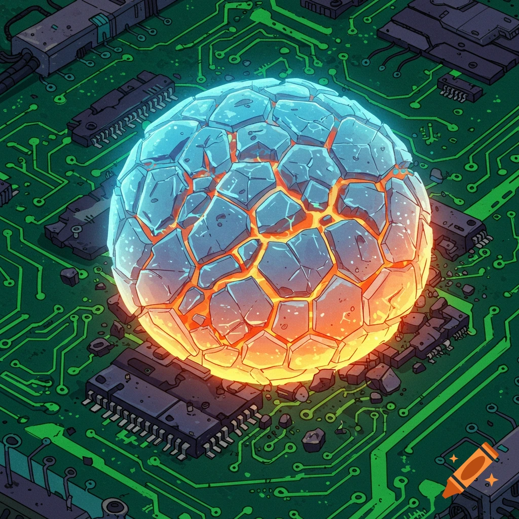 A glowing blue and orange cracked sphere sits on a green circuit board in a cartoon style.