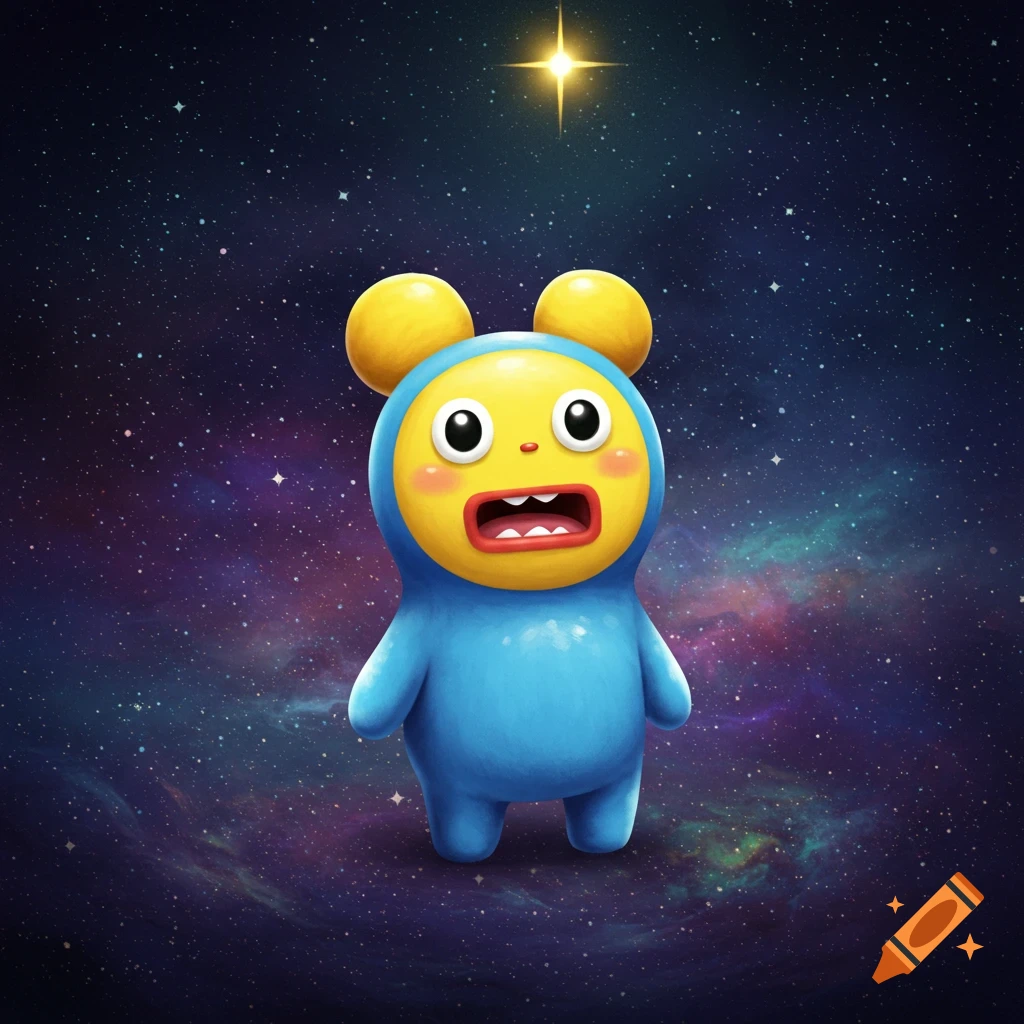 A blue cartoon creature with a yellow face and large eyes looks up at a bright star in a vibrant, starry galaxy.