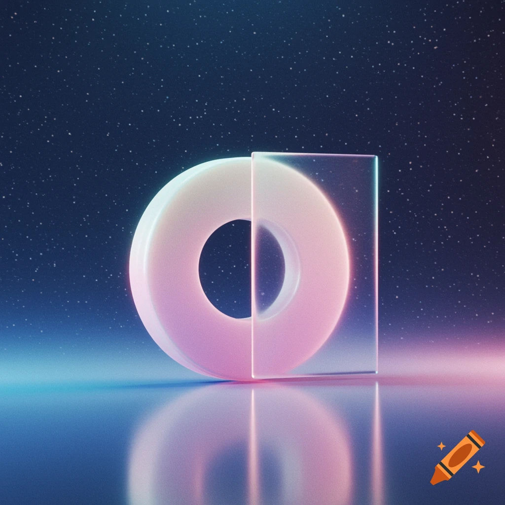 An abstract glowing pink and white torus shape intersected by a transparent square panel, reflecting on a blue surface under a starry sky.