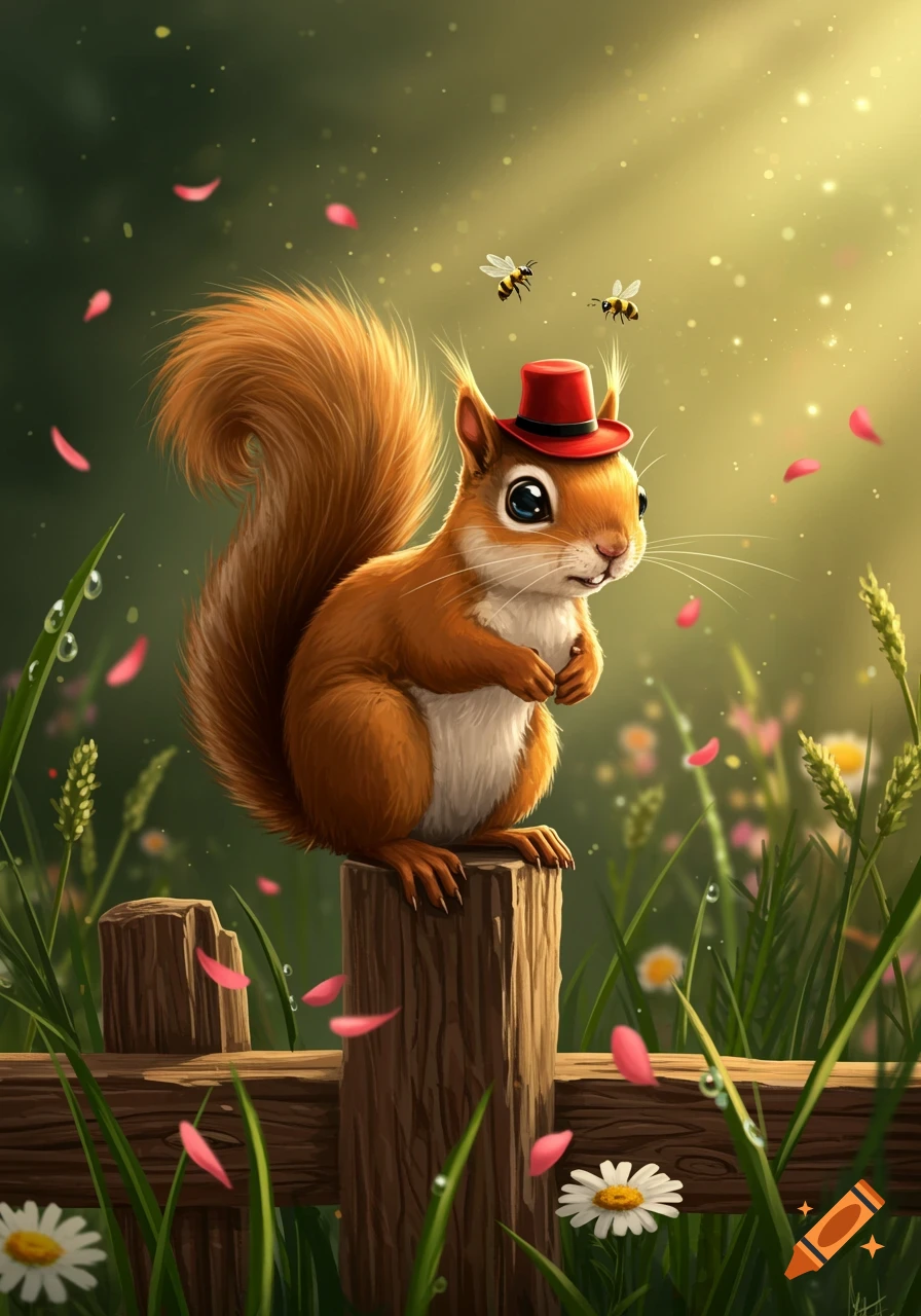 A cute squirrel wearing a red top hat sits on a fence post in a sunlit garden with flowers and bees in a stylized illustration.