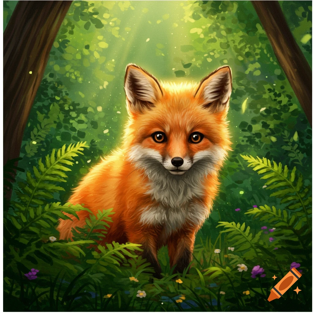 A fluffy orange fox with big ears sits in a lush green forest with sun rays shining through the leaves.