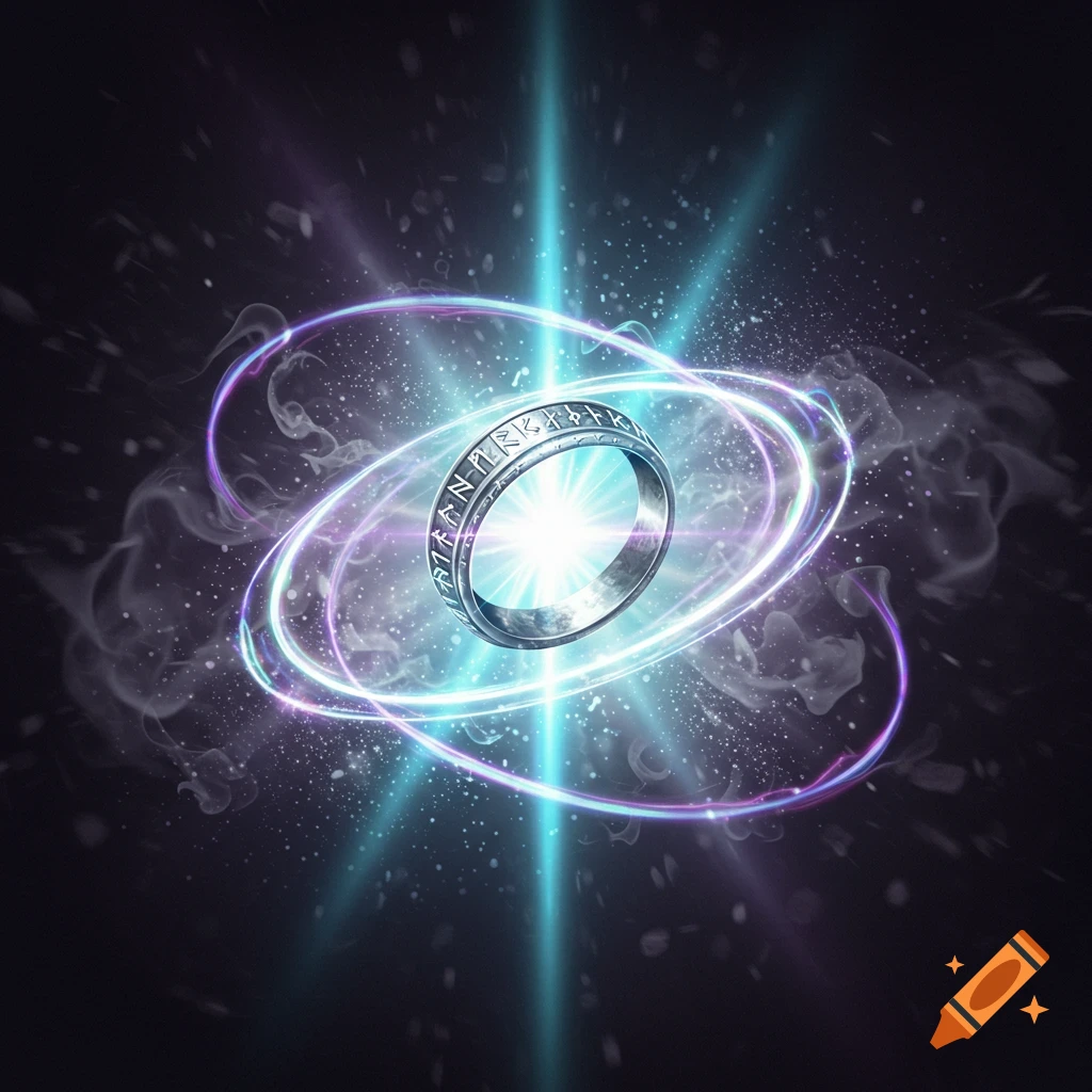 A silver ring with glowing runes floats amidst swirling purple and blue energy and light rays against a dark background.