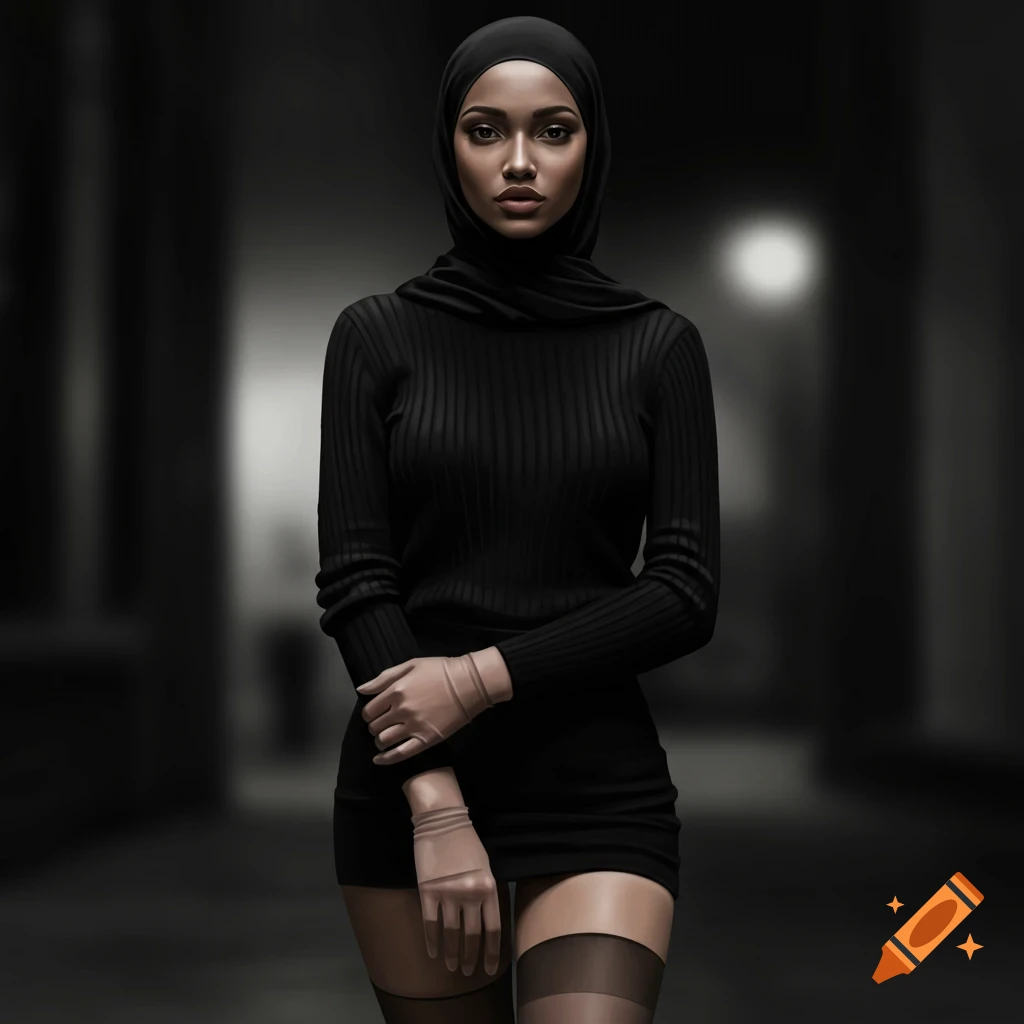 Photorealistic portrait of a woman in a black hijab, ribbed sweater, short skirt, sheer thigh-high stockings, and gloves in a dark urban setting.