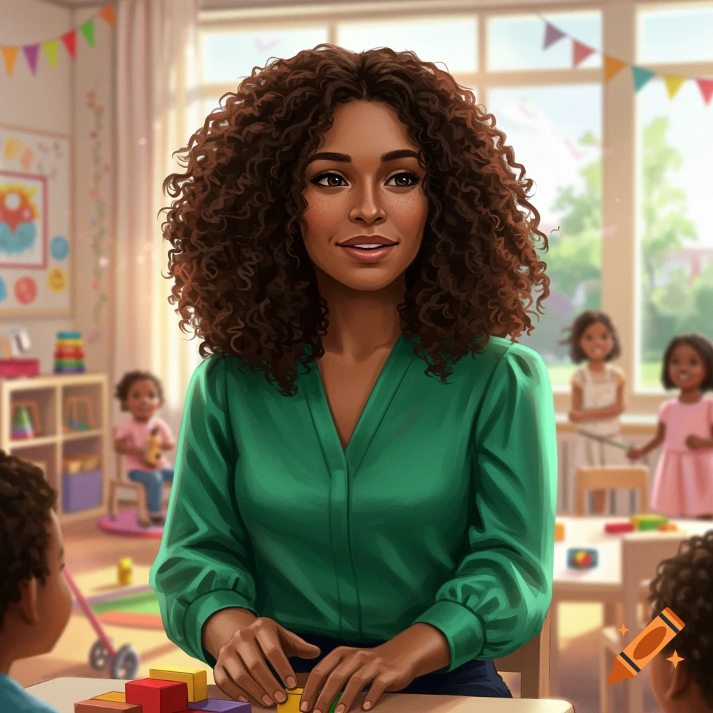 A Black woman in a green shirt plays with colorful blocks at a table in a bright daycare classroom, with children in the background. Digital art style.