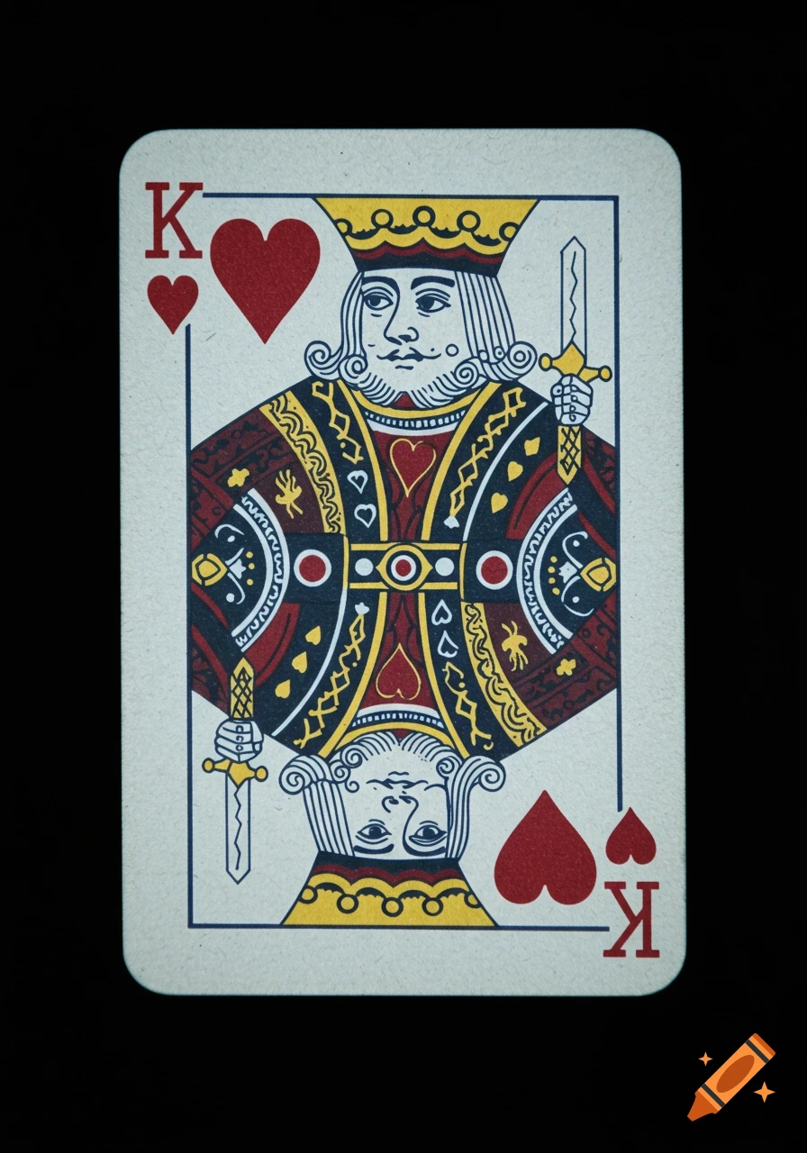 A King of Hearts playing card with classic illustration and red and blue details, set against a dark background.