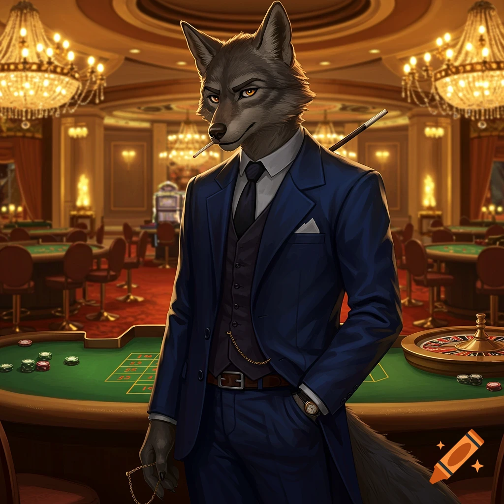 A dashing anthropomorphic gray wolf in a blue suit stands in a luxurious casino, holding a monocle chain. Digital art.