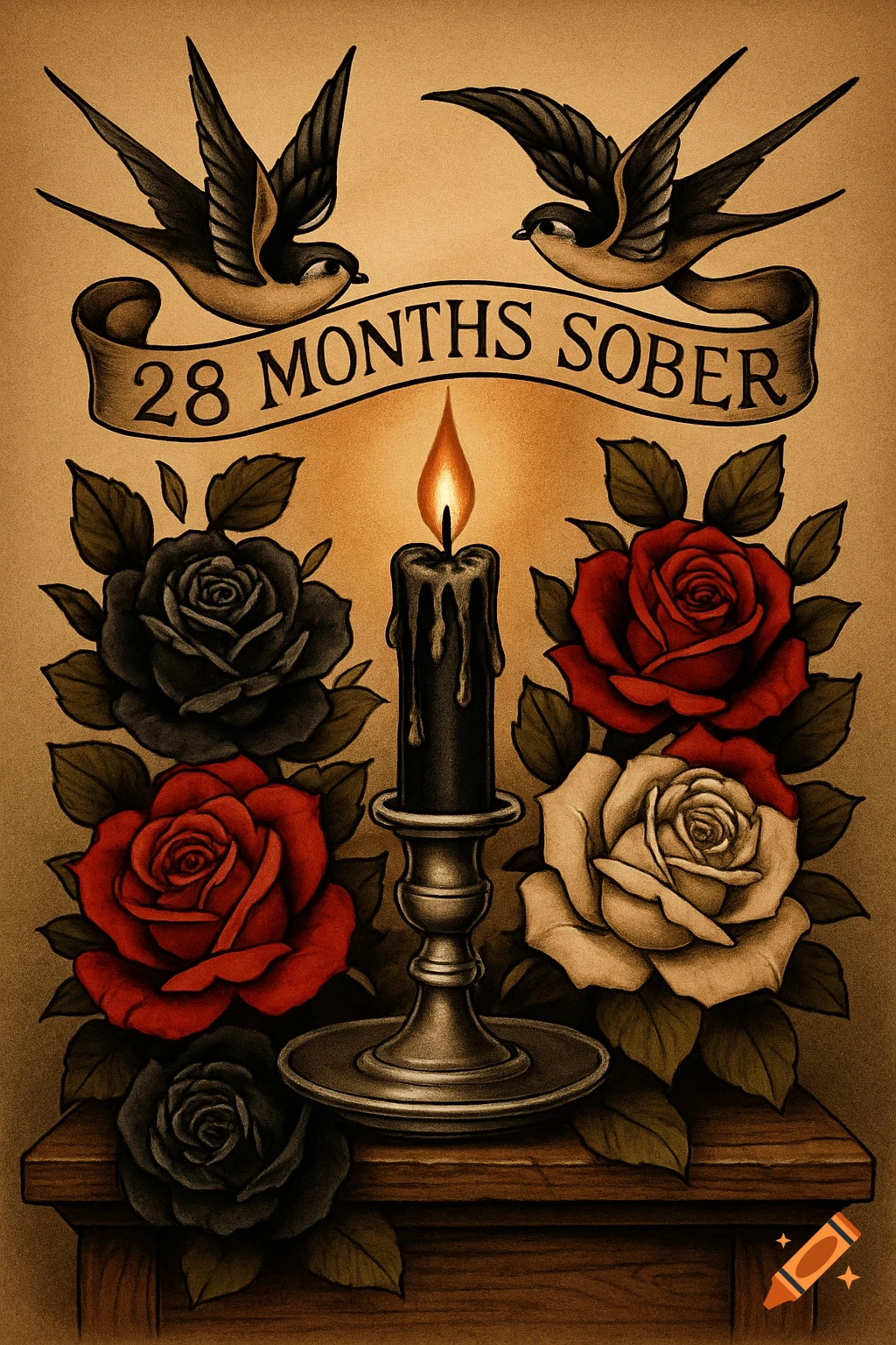 Neo-traditional tattoo art with two swallows, a banner '28 MONTHS SOBER', a candle, and red, black, white roses.