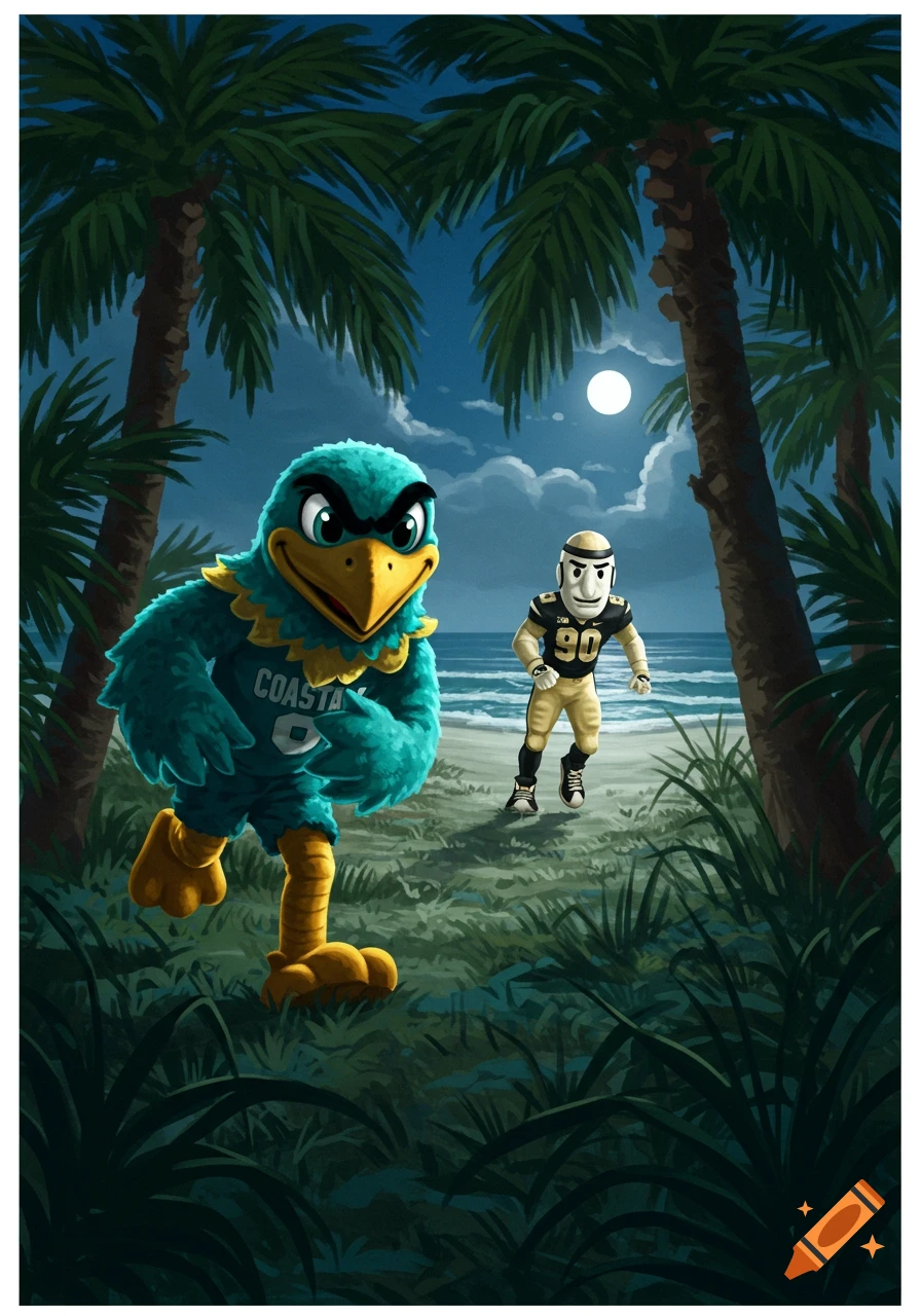 A cartoon teal bird mascot with "COASTA" on its chest sneaks through beach foliage towards a Purdue Boilermaker mascot under a full moon.