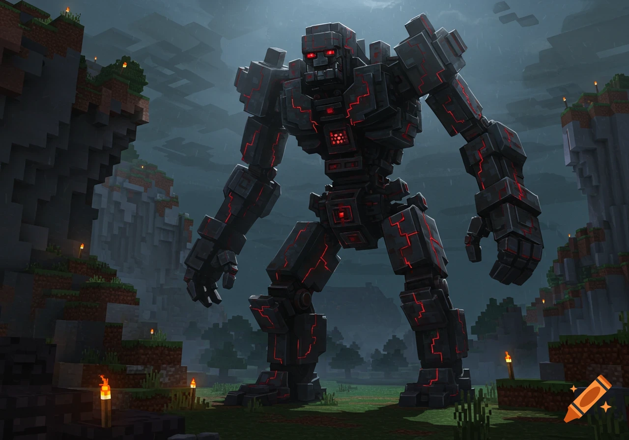 A massive, dark grey and black blocky robot with glowing red lines and eyes stands in a Minecraft-style landscape under a cloudy sky.