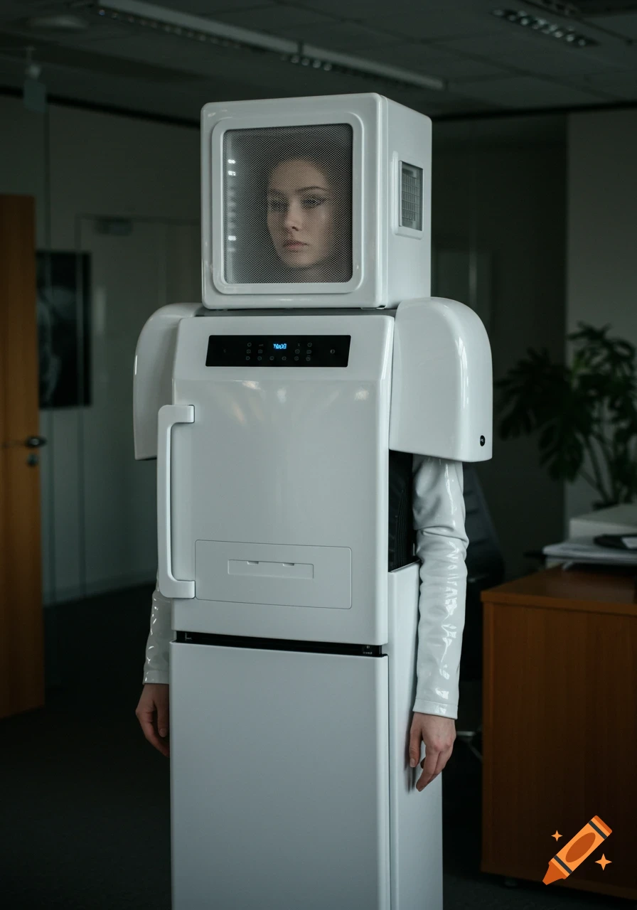 A woman wears a white, refrigerator-like outfit with a mesh screen over her face, standing in an office.