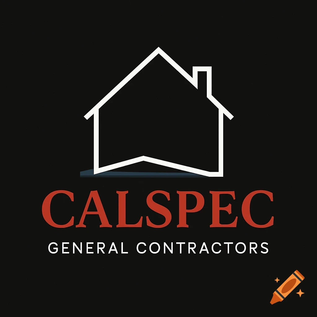 A logo featuring a white outline of a house above red text 'CALSPEC' and white text 'GENERAL CONTRACTORS' on a black background.