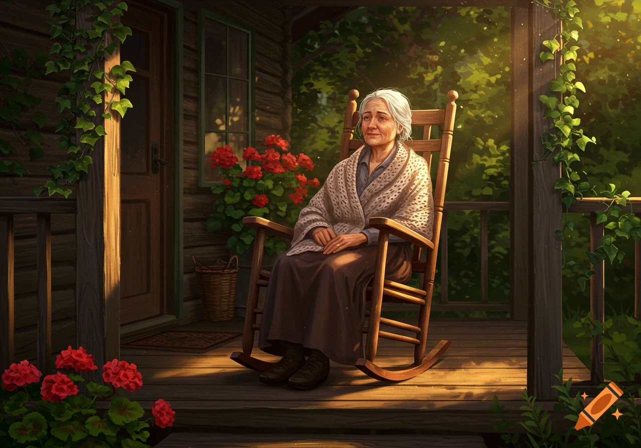 An old woman with white hair sits in a wooden rocking chair on a sunlit porch with red flowers and green ivy.